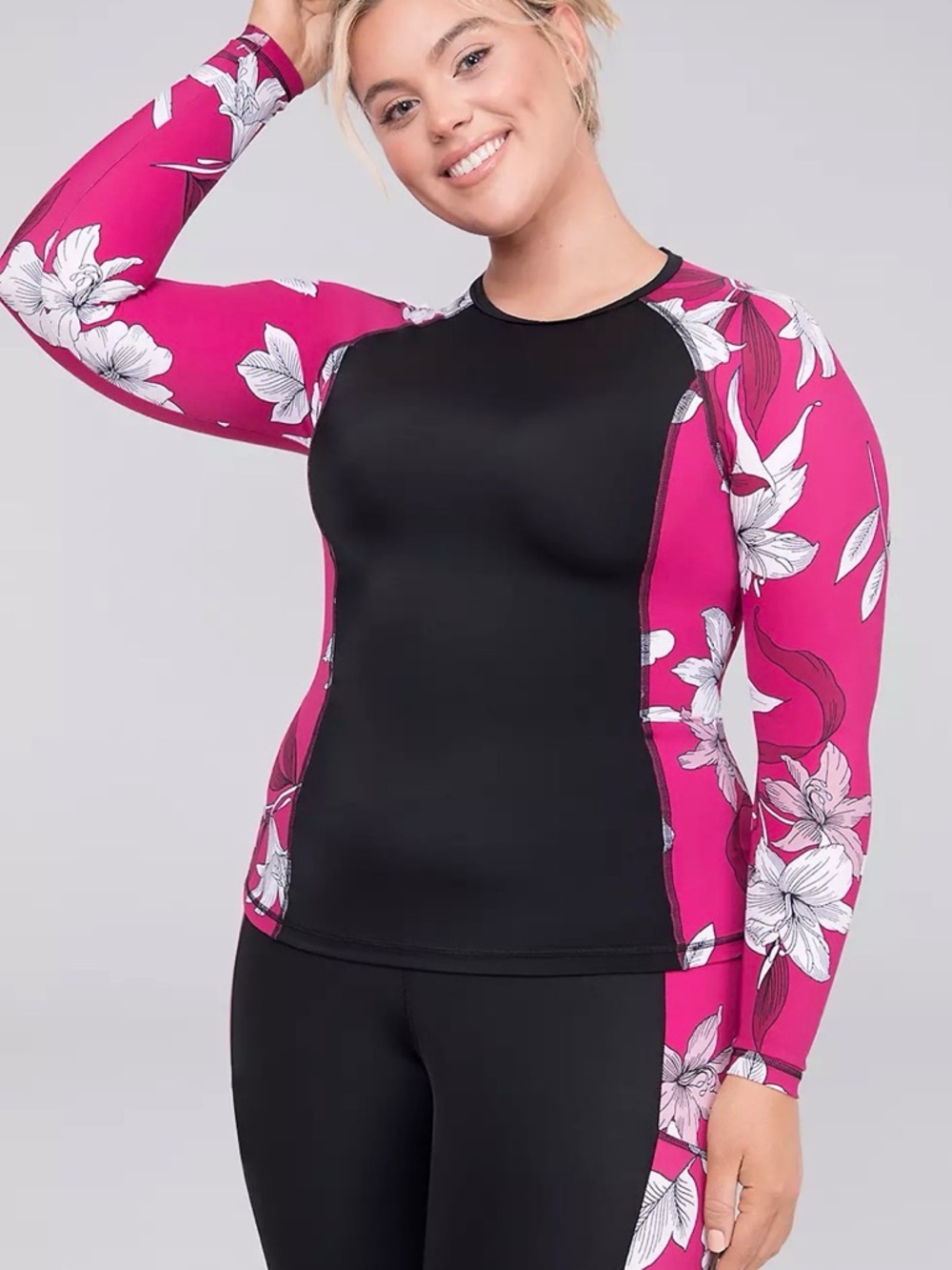 Cacique Black and Hot Pink Swim Top with Floral Print